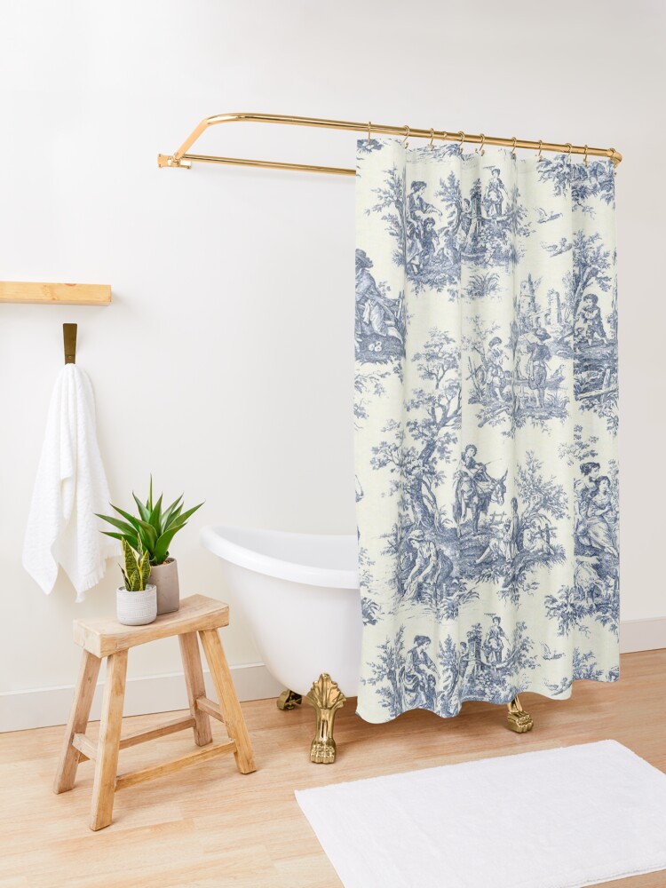 "Powder Blue French Toile Picnic Designs" Shower Curtain for Sale by