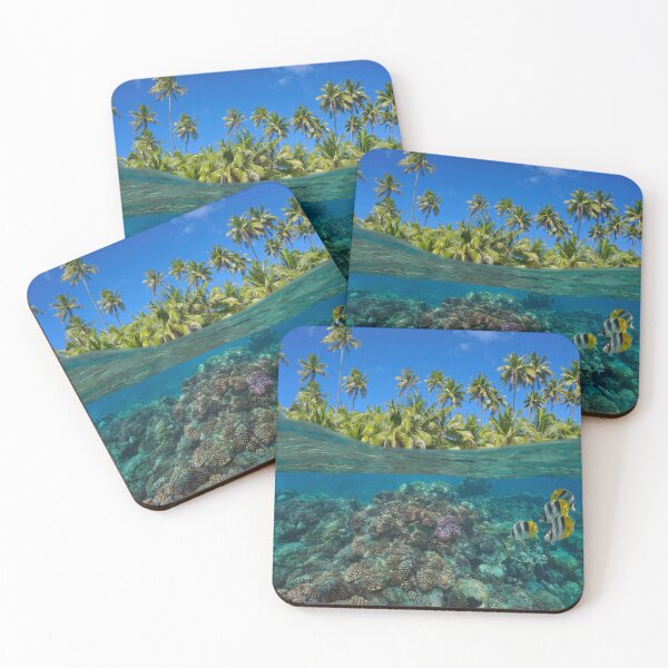 Item preview, Coral reef coconut palm trees over under water designed and sold by Seaphotoart.