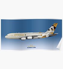 Illustration of Etihad Airways Airbus A380 - Blue Version Poster