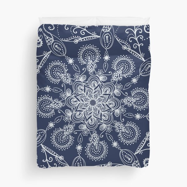 White doily folk ornament on navy blue background Duvet Cover