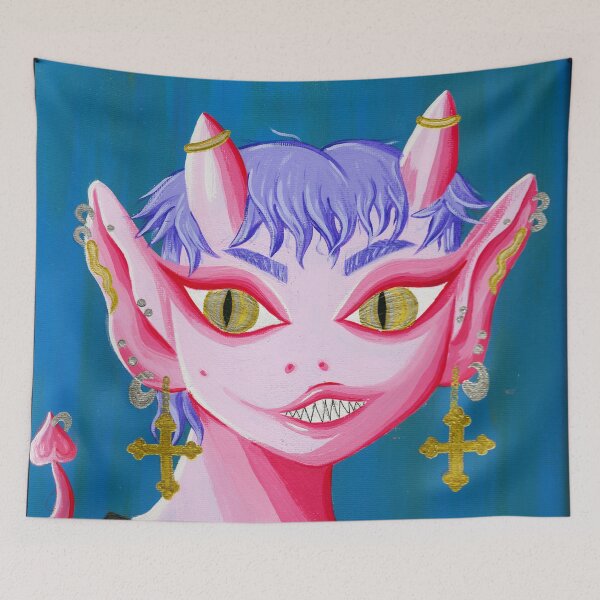 Item preview, cute demon alien acrylic & gold portrait painting  designed and sold by Grace Behler.