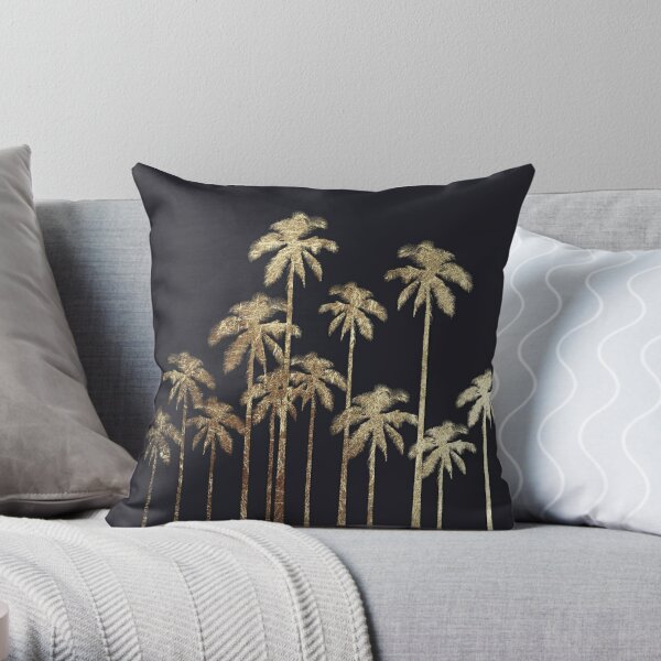 Glamorous Gold Tropical Palm Trees on Black Throw Pillow