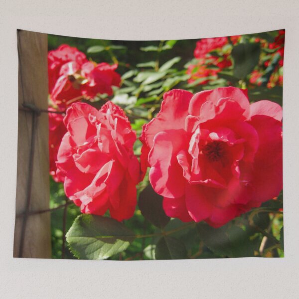 Item preview, Two Large Red Roses with Wooden Post and a Rusted Wire Fence designed and sold by PrettyLittlePic.