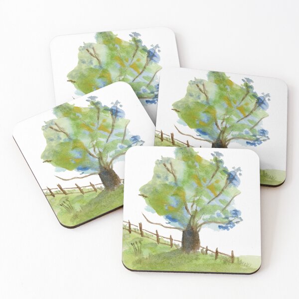 Item preview, Blue Flowers Tree, Watercolor Landscape, Green Field Watercolor designed and sold by Eugenia Alvarez.