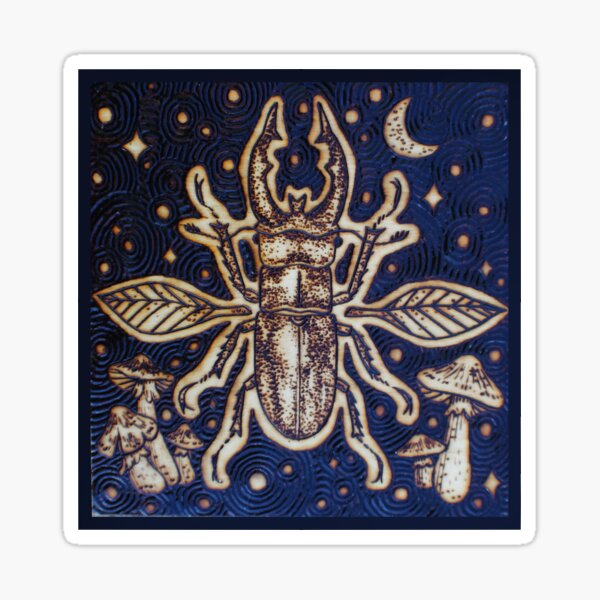 Stag Beetle Magical Wood-burned Original Art! Sticker