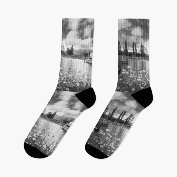 Item preview, Idyllic Landscape in black and white with daisies at Te Anau Marina, New Zealand designed and sold by Danielasphotos.