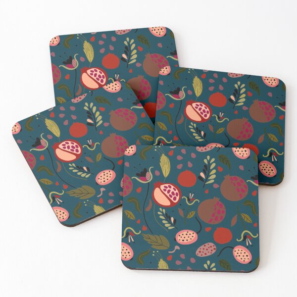 Item preview, Abstract flowers and pomegranates on the dark blue background in Scandinavian styl designed and sold by BychkovaEvgenia.