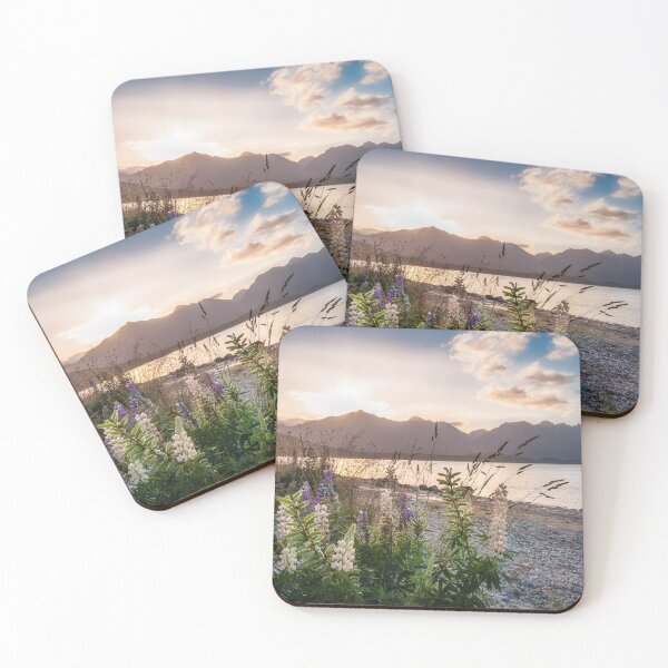 Item preview, Beautiful sunset light at Lake Te Anau with flowers in foreground, New Zealand designed and sold by Danielasphotos.