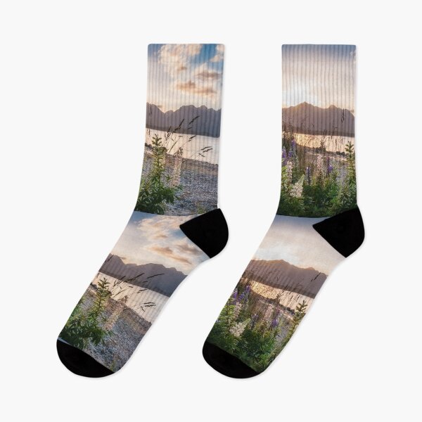 Item preview, Beautiful sunset light at Lake Te Anau with flowers in foreground, New Zealand designed and sold by Danielasphotos.