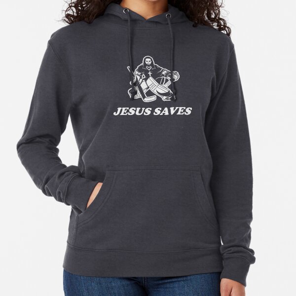 Vista previa del artículo con la obra «Jesús salva al portero de hockey», diseñado y vendido por goodtogotees.