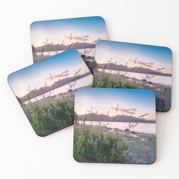Item preview, Beautiful sunset light at Lake Te Anau with flowers in foreground, New Zealand designed and sold by Danielasphotos.
