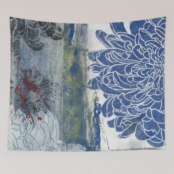 Item preview, blue and black dahlias: printmaking designed and sold by kosarandrea.