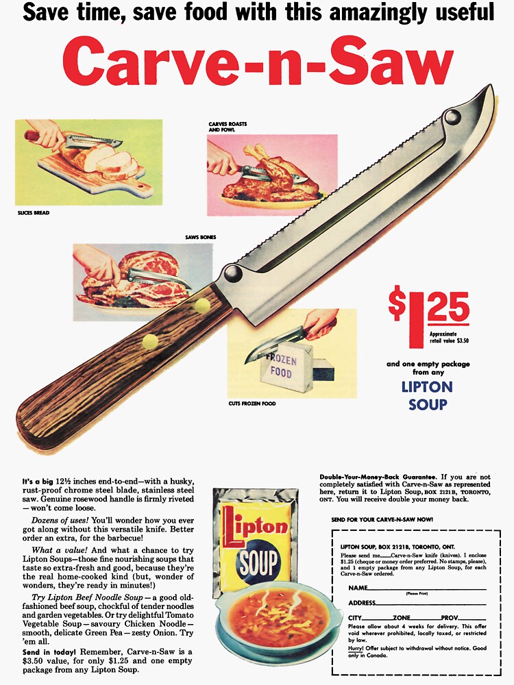 "CARVE N SAW KNIFE ADVERT "SAWS BONES!"" Sticker for Sale by