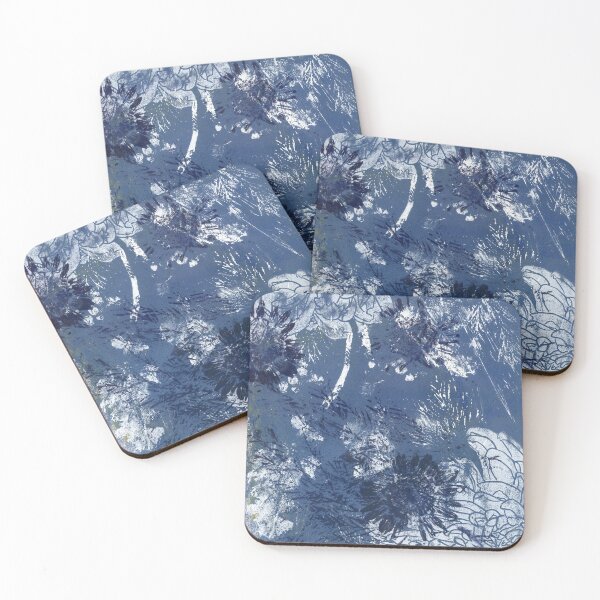Item preview, white dahlias in blue: linoprint designed and sold by kosarandrea.