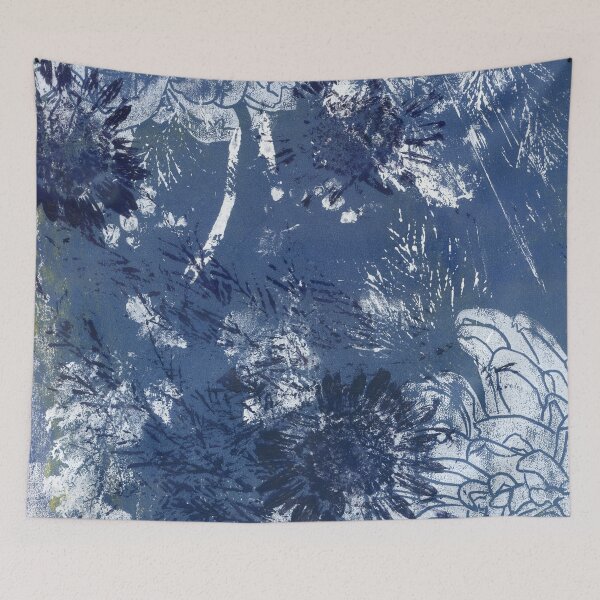 Item preview, white dahlias in blue: linoprint designed and sold by kosarandrea.