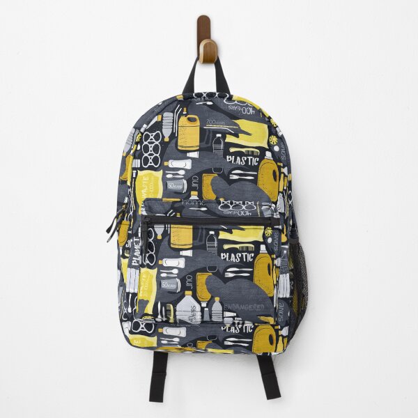 Item preview, Our plastic world // black background grey endangered animal species with yellow white and transparent plastic waste designed and sold by SelmaCardoso.