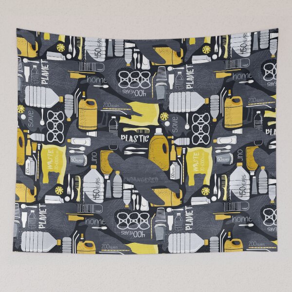 Item preview, Our plastic world // black background grey endangered animal species with yellow white and transparent plastic waste designed and sold by SelmaCardoso.