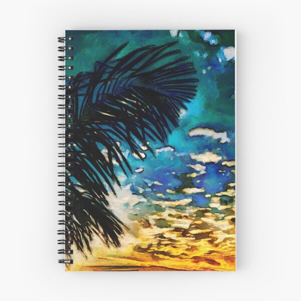 Item preview, Watercolor clouded sunset  landscape with a palm tree leaf in French impressionists style ( blue, orange and pink) designed and sold by AnnaMelekhina.