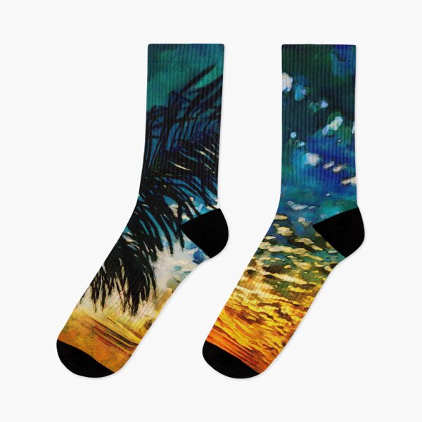 Item preview, Watercolor clouded sunset  landscape with a palm tree leaf in French impressionists style ( blue, orange and pink) designed and sold by AnnaMelekhina.