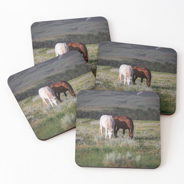 Item preview, White horse and bay horse grazing designed and sold by BerryvineImage.