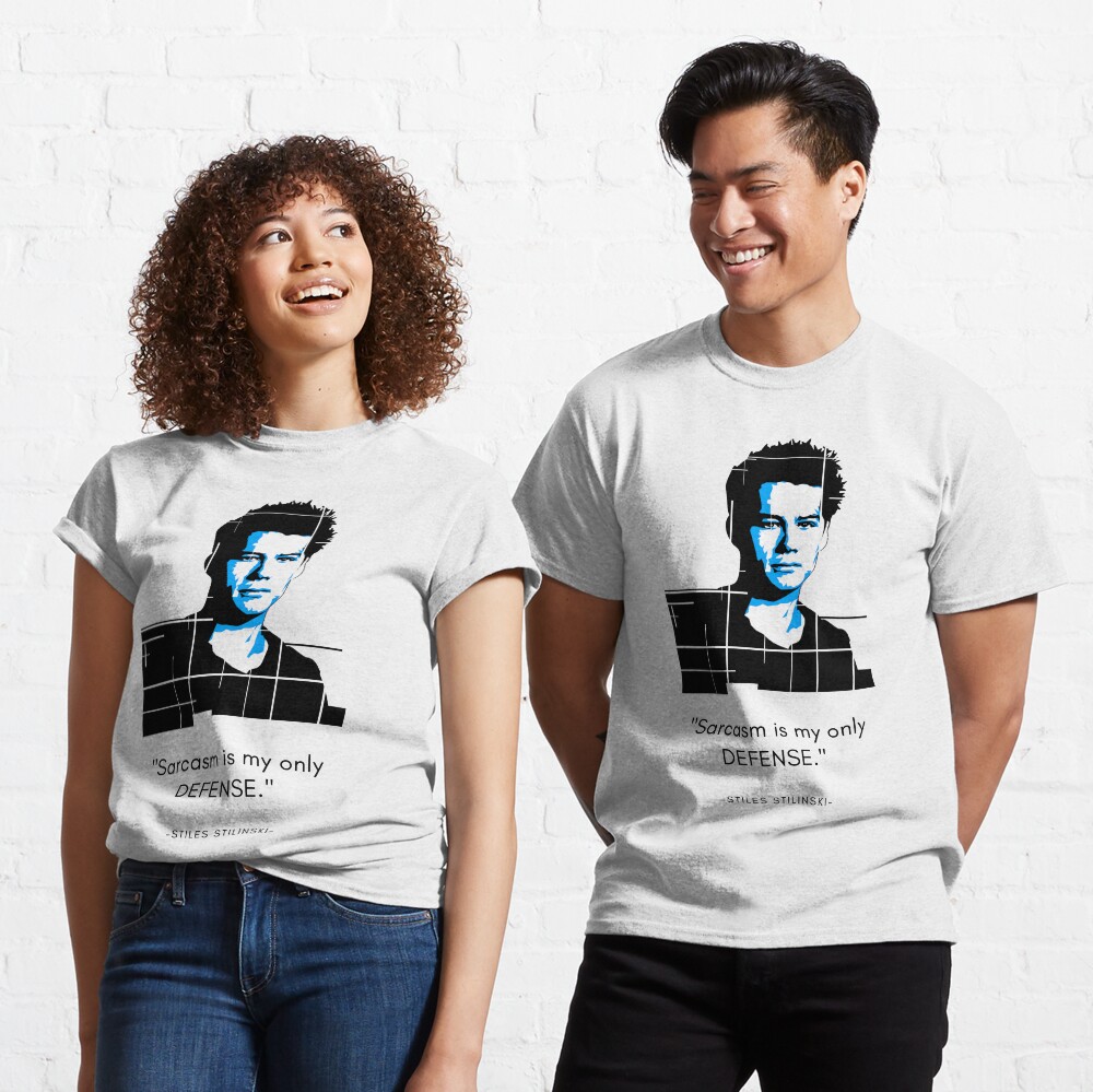 "Blue Stiles Stilinski Illustration With Quote Sarcasm Is My Only DEFENSE" Tshirt by