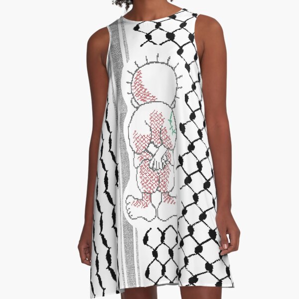 Item preview, Palestinian Handalah Caricature in Realistic Tatreez Embroidery Palestine Kufiya Keffiyeh Pattern - blk designed and sold by Hurriyyatee.
