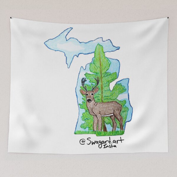 Item preview, Michigan Map Picture with Buck Deer, Pine Tree, and Blue Skies designed and sold by SwagartArt.