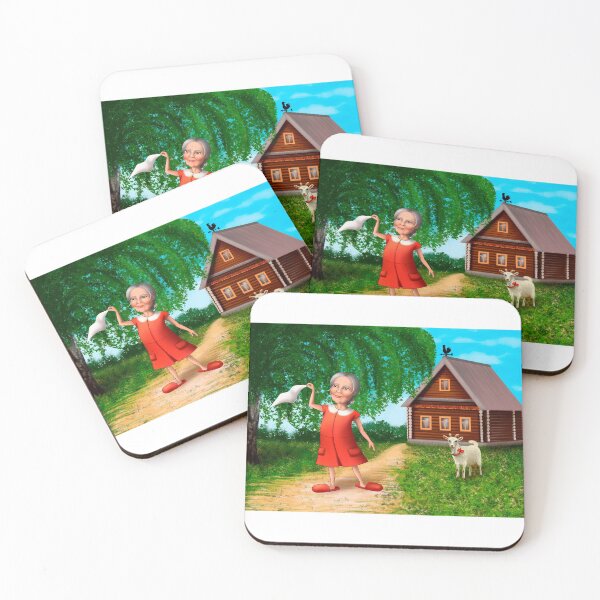 Item preview, cartoon style illustration with a grandmother and a goat and a village house.  designed and sold by nataliavavilina.
