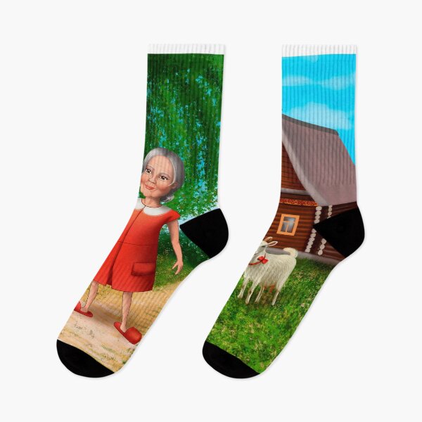 Item preview, cartoon style illustration with a grandmother and a goat and a village house.  designed and sold by nataliavavilina.