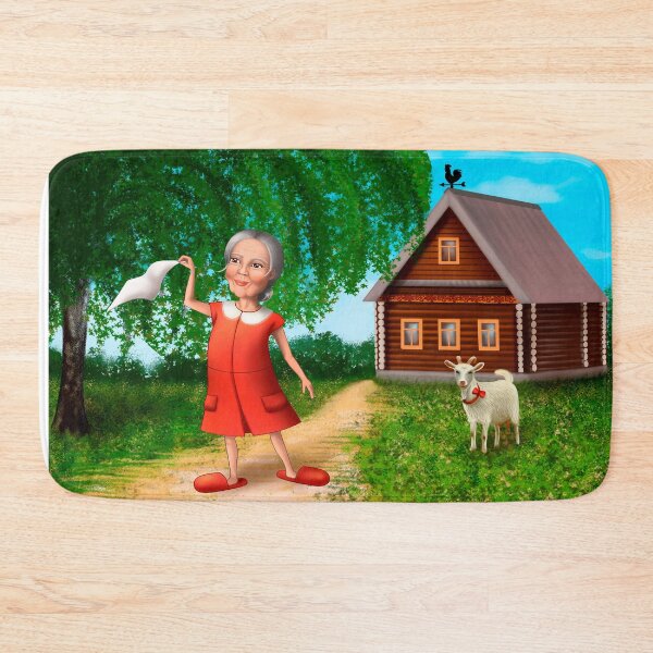 Item preview, cartoon style illustration with a grandmother and a goat and a village house.  designed and sold by nataliavavilina.