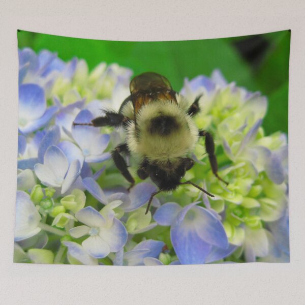 Item preview, Cute Fuzzy Bumblebee on Blue Hydrangea Flowers on a Hot Summer Day designed and sold by PrettyLittlePic.