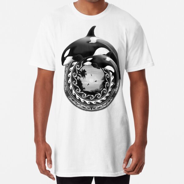 Trophy fishing and ocean diving club t-shirt print template. Blue whale,  orca or killer whale and hammerhead shark, cachalot engraved vector.  Clothing prints with ocean big mammal and marine predator Stock Vector