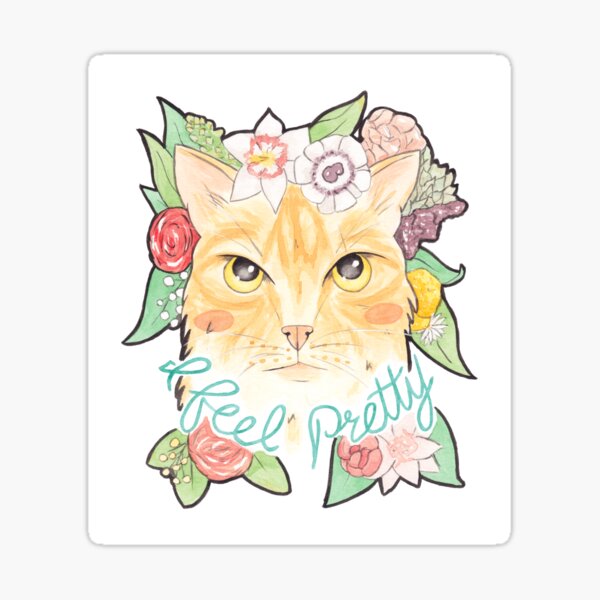 I Feel Pretty // Watercolour Illustration of a Ginger Cat Surrounded by Flowers Sticker