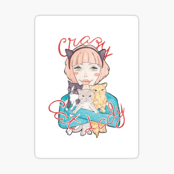 Crazy Cat Lady // A Pink-Haired Girl with her Three Cats Sticker