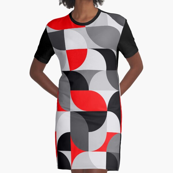 Arcs Pattern Red Black Grey Graphic T-Shirt Dress