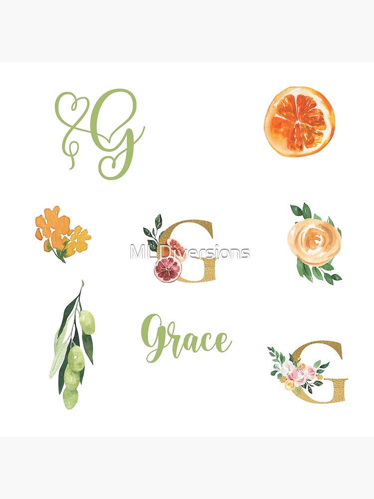 Lámina fotográfica «Letra G con flores, pomelo y uvas Composición de