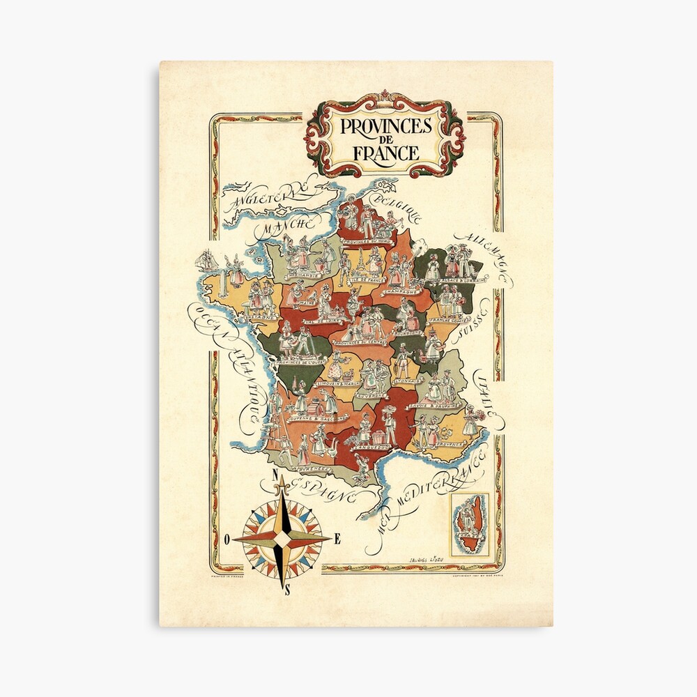 1951 Vintage Map of France and its provinces.