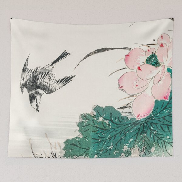 Item preview, japanese pied wagtail and red lotus illustration 29510388418 designed and sold by Bird-Lore.