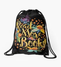 Read More Books - Floral Gold - Black Drawstring Bag