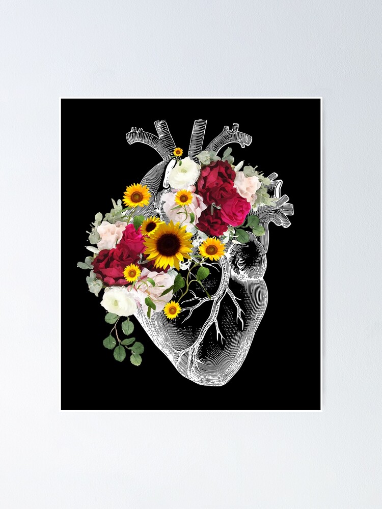 Human Heart Illustration Art Purple Roses And Sunflowers Plants Lovers Vintage Effect White 9418