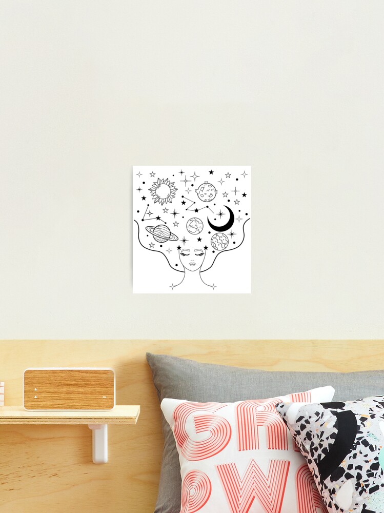 Galaxy girl with sun, moon, stars and planets black-white design