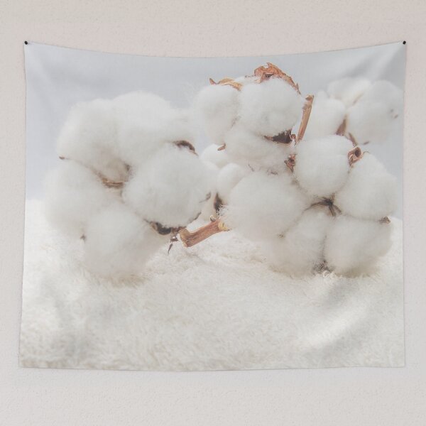 Item preview, white fluffy cotton flowers on a fluffy beige fabric designed and sold by nataliavavilina.