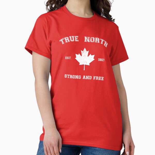 Aperçu de l'œuvre True North Strong And Free Vintage - Blanc sur rouge créée et vendue par BoredGames.