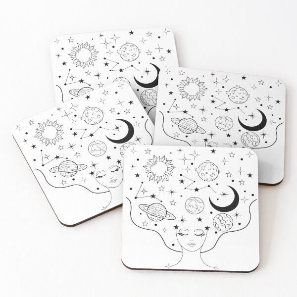 Item preview, Galaxy girl with sun, moon, stars and planets black-white design designed and sold by KissedbyArt.