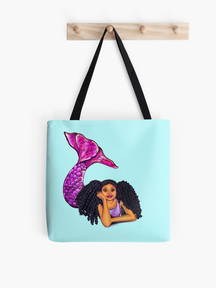 Magical rainbow mermaid lying on sand with brown eyes curly Afro hair and  caramel skin, black mermaid\