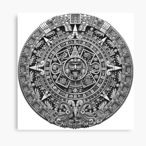 Aztec Calendar Sun Stone - Greyscale Canvas Print