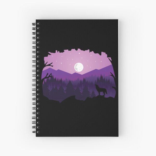 Wolf Silhouette with Mountains, Moon and Stars Spiral Notebook