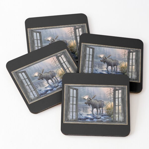 Item preview, Wood Window Moose by the stream In The Forest Gift designed and sold by Donna6778.