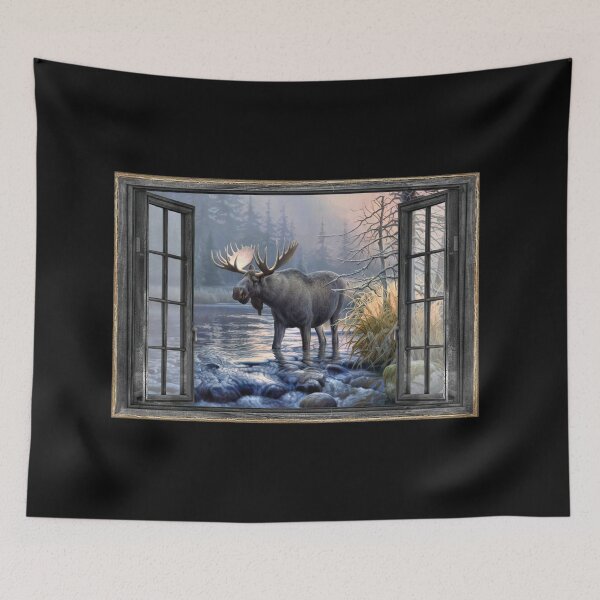 Item preview, Wood Window Moose by the stream In The Forest Gift designed and sold by Donna6778.