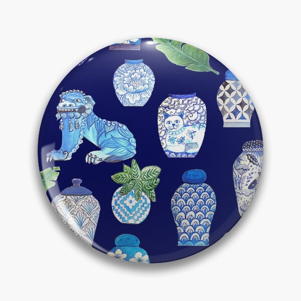 Item preview, Maximalist Foo dogs and Chinese ginger jars, white and blue Chinoiseries watercolor design designed and sold by MagentaRose.